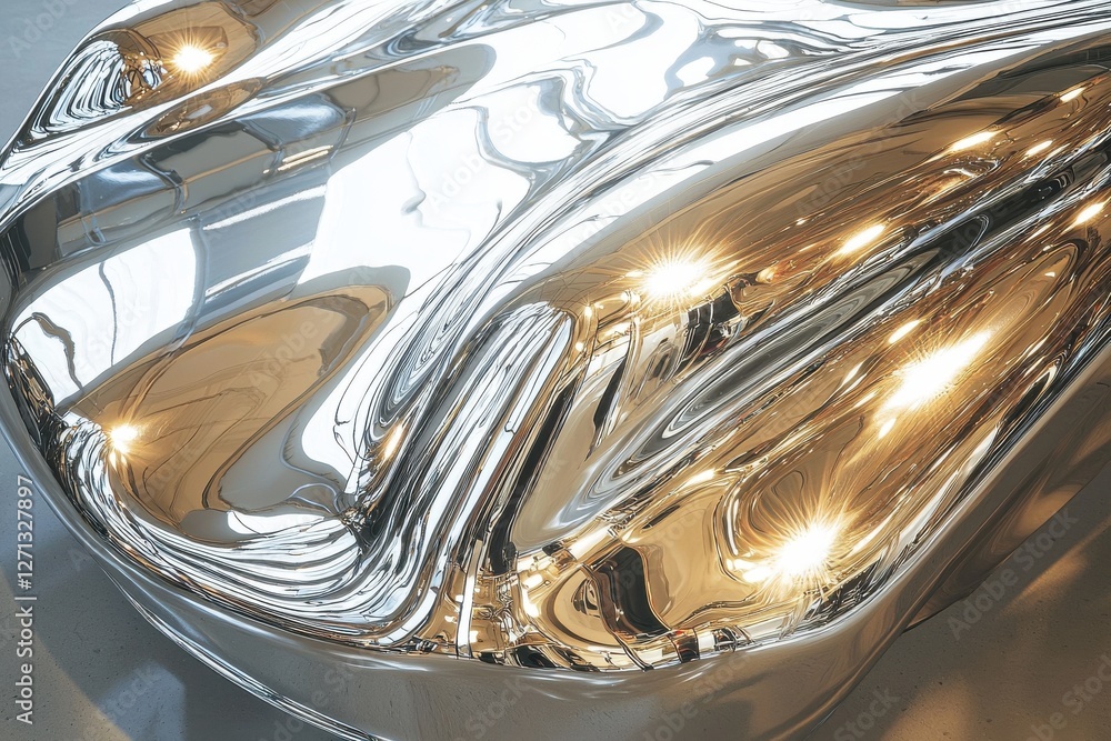 Poster abstract chrome sculpture with sunlight reflections creating dynamic patterns, artistic metalwork de