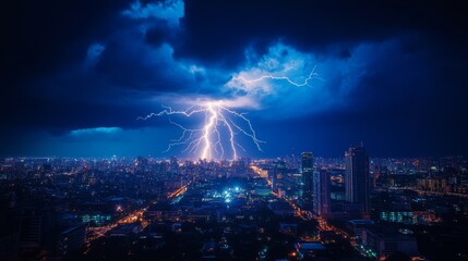 Lightning strikes over a sprawling cityscape at night, illuminating the sky's cobalt blue glow, creating electric drama and awe.