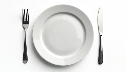 Isolated empty white plate with fork, knife on transparent background. Clean crockery. Minimalist table setting, dishware, cutlery. Kitchen utensil for diet recipe food photography. Restaurant