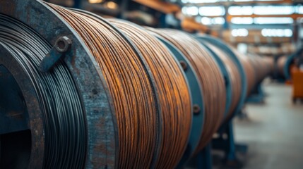 Coiled cables tightly wound on a spool, set against a blurred industrial backdrop, suggest a focus on production and utility.