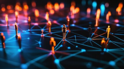 This image shows a conceptual network of figures connected by lines, representing social media or organizational connections