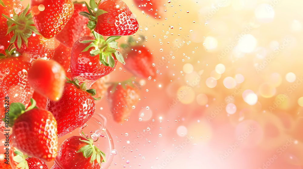 Poster fresh strawberries splashing in water, creating a vibrant background with soft bokeh lights