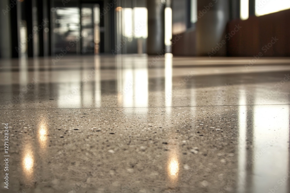 Poster reflective polished concrete floor with exposed aggregates in a modern building, creating bright ref