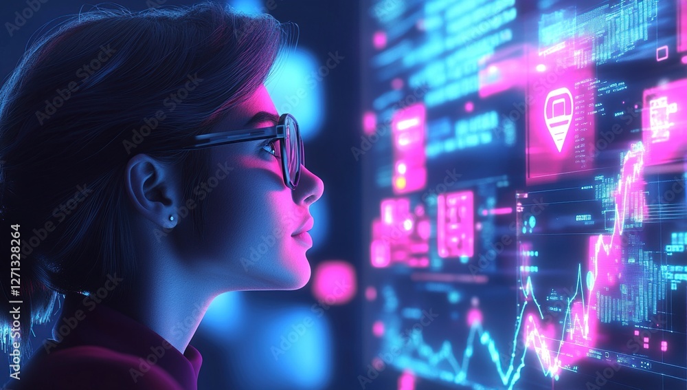 Poster woman analyzes data on futuristic interface, exploring digital trends and visualizations with innova