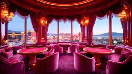 Luxurious casino suite overlooking Las Vegas at sunset