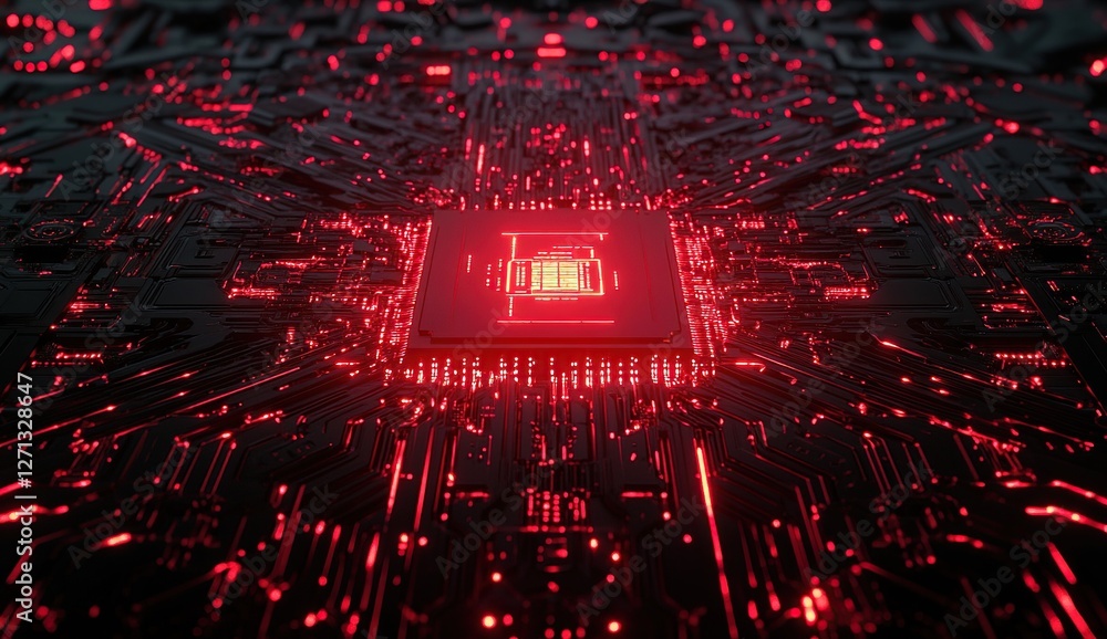 Poster exploring the intricate circuits of a microprocessor's inner workings with glowing red illumination.