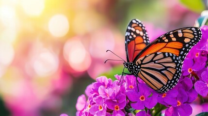 Obraz premium Monarch Butterfly on Vibrant Purple Flowers in a Sunlit Garden