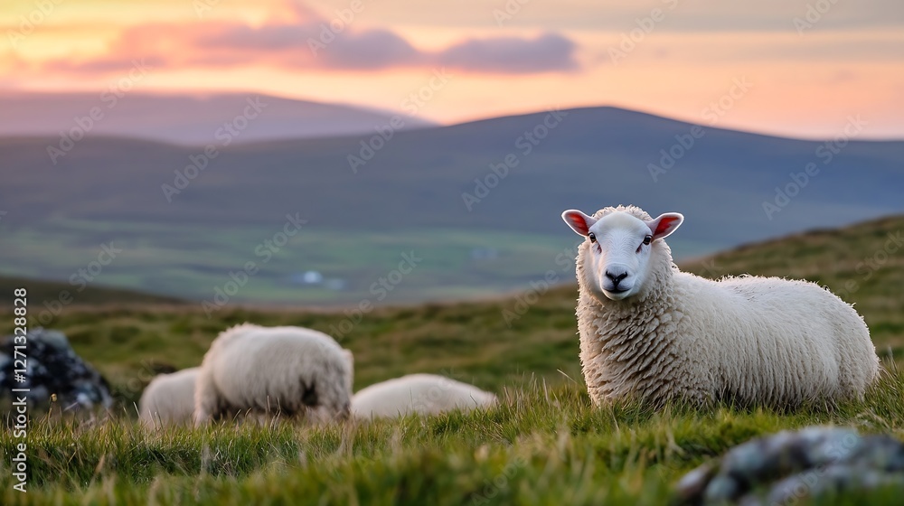 Poster a peaceful scene of sheep grazing in a green field with rolling hills at sunset : generative ai