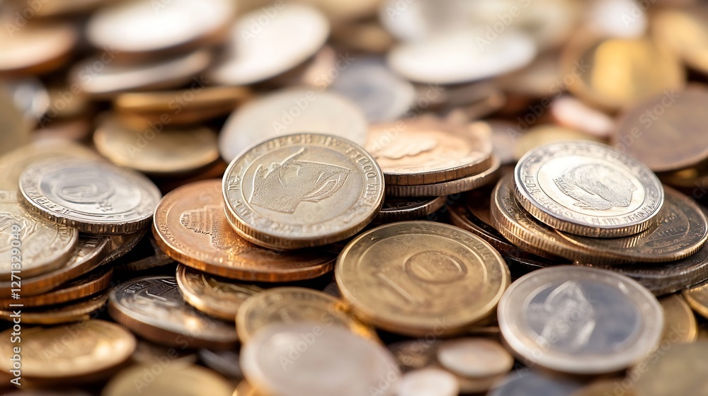 Fototapete closeup view of assorted coins spread out on a surface showcasing their diverse designs and textures