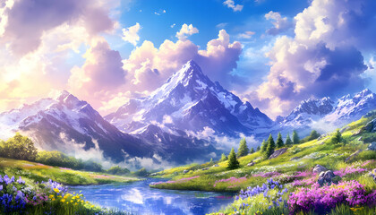 Majestic mountain sunrise, alpine meadow, river reflection, idyllic scenery, nature wallpaper