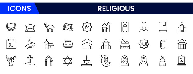  Religionus line icons collection. Big UI icon set in a flat design. Thin outline icons pack. Vector illustration