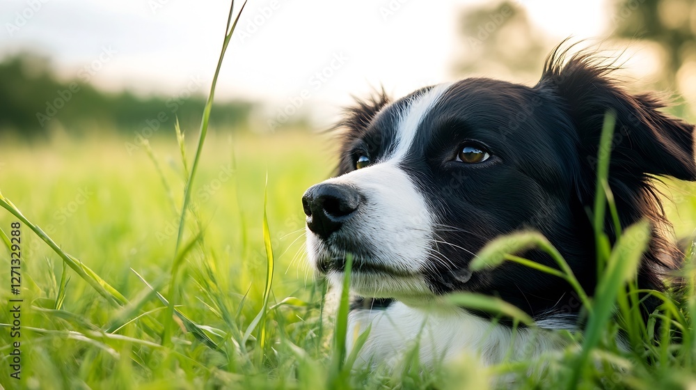 Poster close up of a relaxed border collie lying in lush green grass enjoying a sunny day outdoors : genera