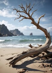 Driftwood branch with weathered surface and natural curve , wood, natural