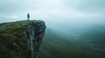 Obraz premium A solitary figure stands atop a misty cliff, gazing at the expansive landscape below, enveloped in a sense of isolation and tranquility.
