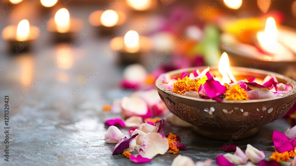 Poster exquisite traditional candles set against a backdrop of petals creating a warm festival mood : gener