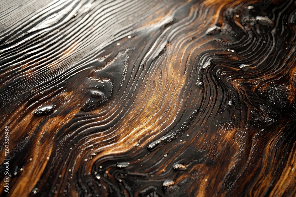Poster abstract close-up of heavily varnished wood grain with deep, dark hues and glossy surface, highlight
