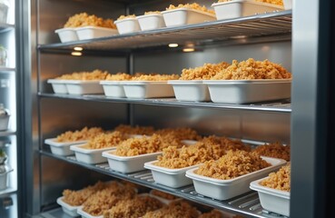 Shelves in fridge stocked with cooked dishes in containers. Temperature-controlled refrigerator storage for meal preparation. Ready-made food meals for catering, restaurant hospitality services.
