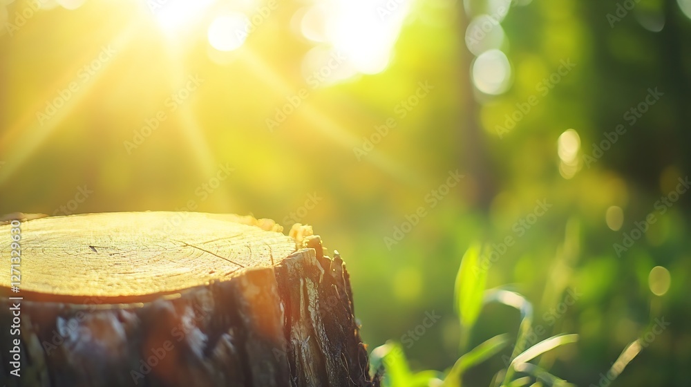 Poster closeup view of a tree stump glowing with sunlight surrounded by lush green vegetation in a serene s