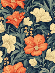 Elegant Vintage Floral Pattern in Orange and Cream on Dark Background – AI-Generated Image