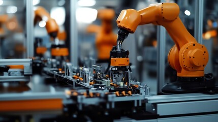 Machinery in action with robotic arms assembling on a production line, highlighting precision and innovation in modern industry.