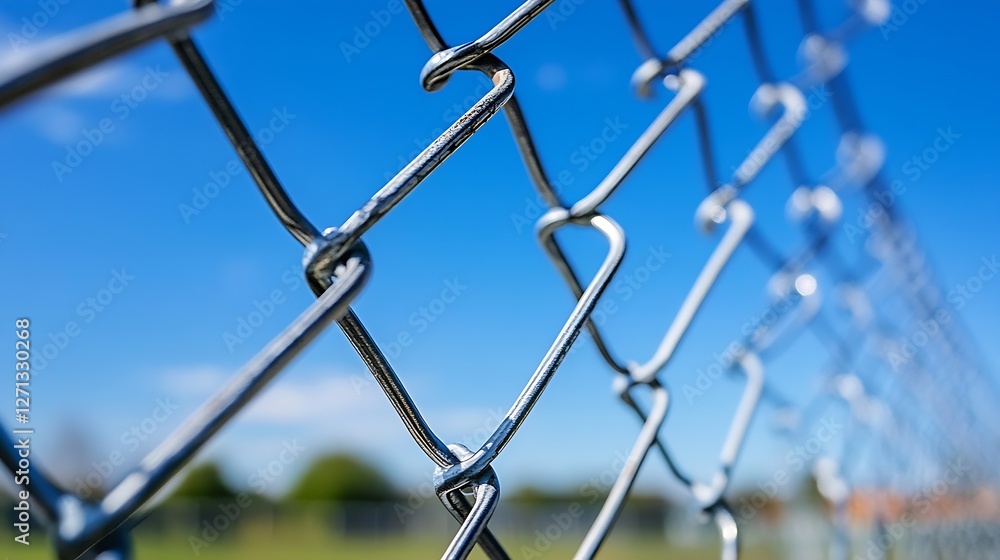 Aufkleber closeup view of a shiny chain link fence against a bright blue sky with a focus on metal structures 