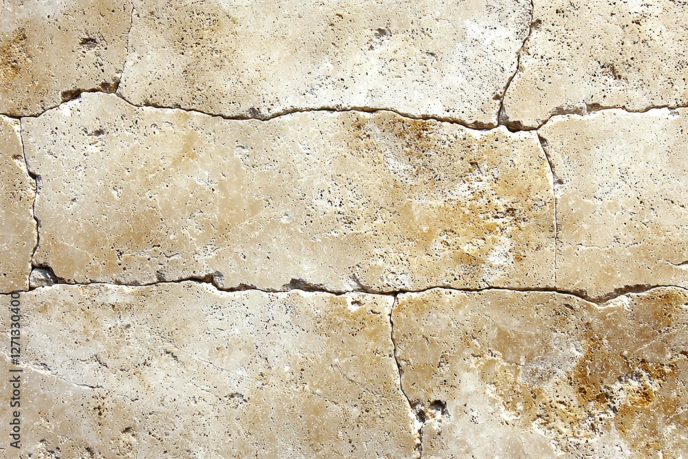 Poster a close-up view of a textured travertine stone wall, showcasing the intricate patterns and natural v