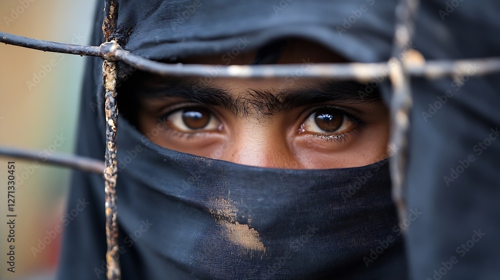 Poster closeup of a boy's expressive eyes peeking through a black veil capturing a moment of intrigue and m