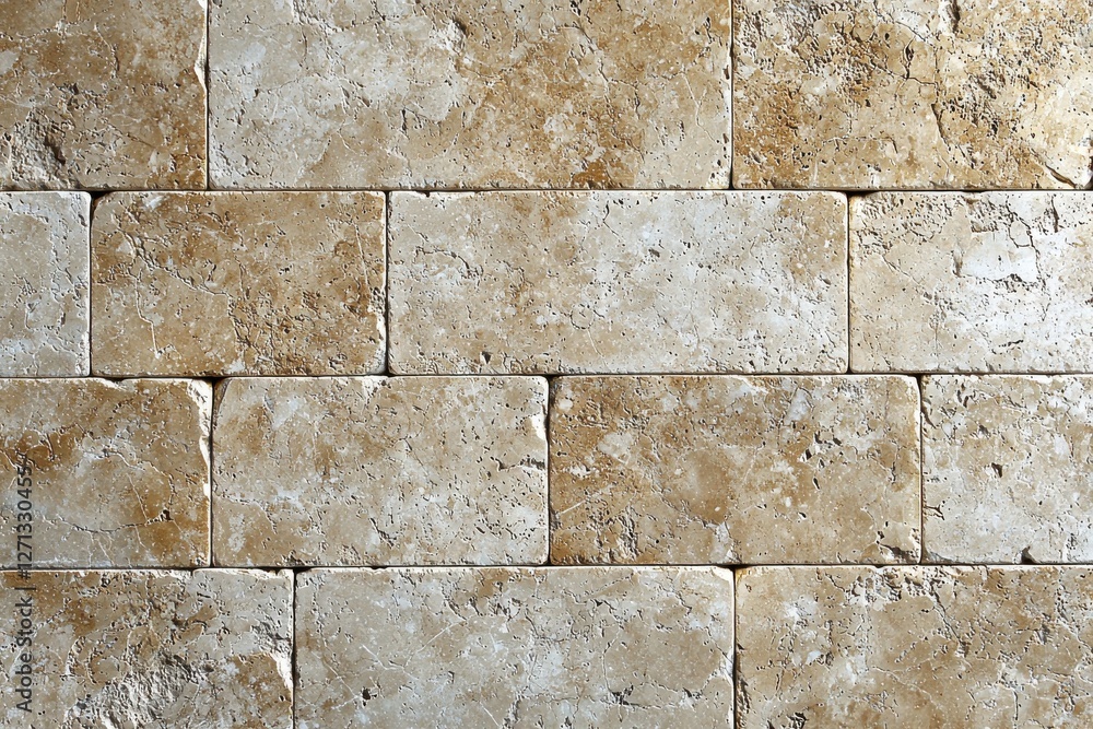 Poster a textured travertine brick wall, showing the detailed patterns and variations of the natural stone,