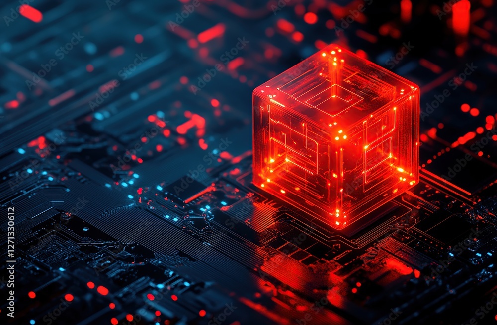 Poster exploring the luminous red cube: a futuristic circuit board's glowing core mysteriously illuminates 