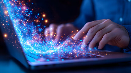 Man typing on laptop, digital data flow, night, work