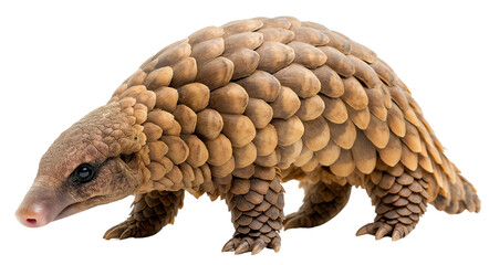 A beautifully armored pangolin with overlapping golden-brown scales walks forward, showcasing its unique appearance and protective covering.