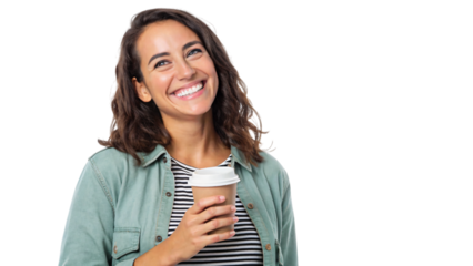 A beautiful brunette woman with a cup of coffee casually smiles, looking thoughtful