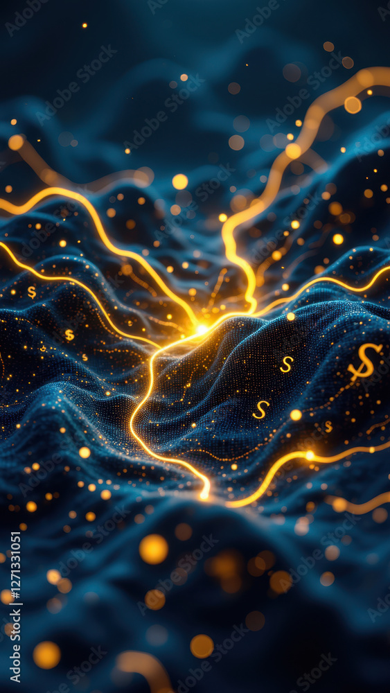 Poster a dynamic image depicting financial growth with abstract elements such as glowing lines and sparklin