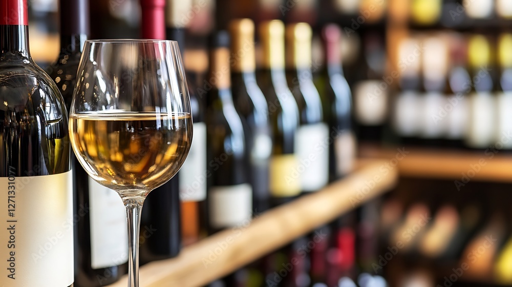 Poster Elegant white wine glass in front of a wide selection of wine bottles in a rustic setting : Generative AI