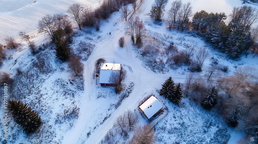 Poster aerial view of snowcovered homes surrounded by frosty trees creating a winter wonderland landscape :