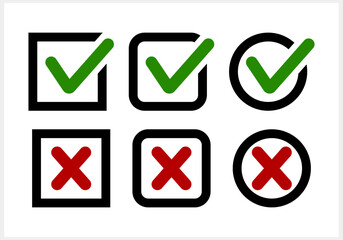 Green tick and red cross icon Check mark clipart set. X, yes, no symbol. Vector stock illustration