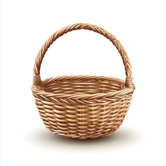 A wicker basket with a rounded handle, intricate texture, and natural brown color on a clean white background.