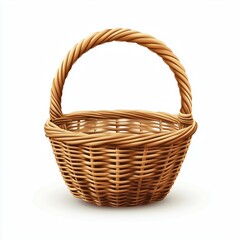 A wicker basket with a rounded handle, intricate texture, and natural brown color on a clean white background.