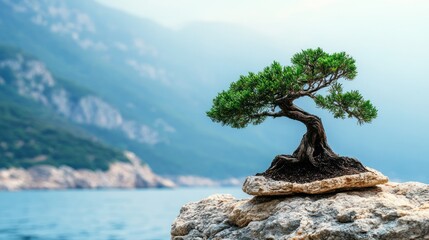 A small green bonsai tree growing on top of a rock, with a sea and mountain background.