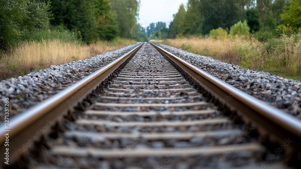 Poster scenic railroad track illuminated by the soft light of nature amid vibrant greenery on either side :