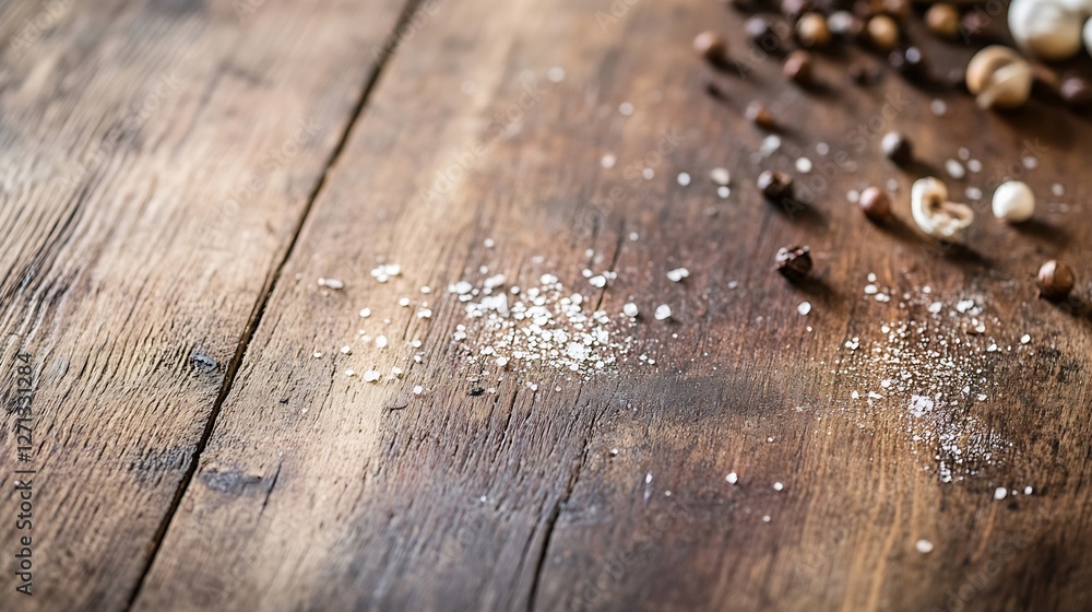 Aufkleber Closeup of rustic wooden table adorned with spices and herbs creating an inviting cooking backdrop : Generative AI