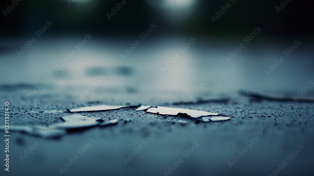 Poster close up view of shattered glass pieces on a wet surface reflecting soft natural light : generative 
