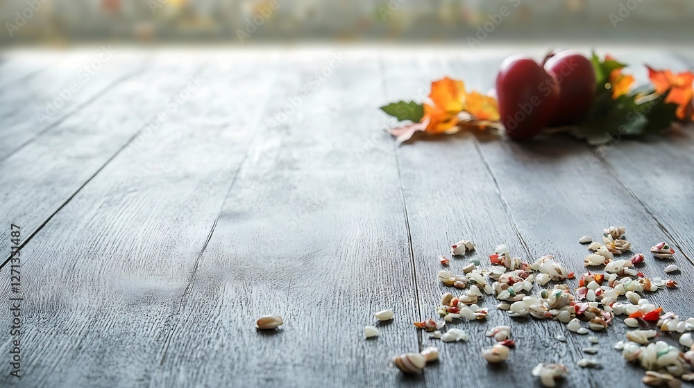 Poster scattered seeds and red apples on a rustic wooden surface : generative ai