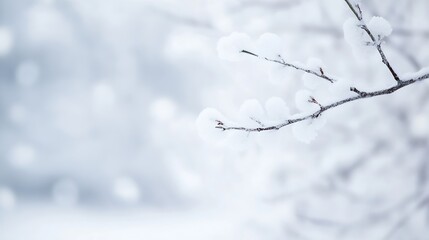 Delicate winter branch covered in soft snowflakes creating a serene and tranquil winter scene : Generative AI