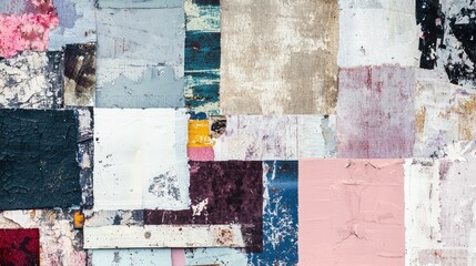 a mixed media collage effect using various textures and colors.