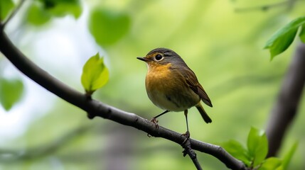 Charming small bird perched gracefully on a branch surrounded by fresh green foliage in a tranquil setting : Generative AI