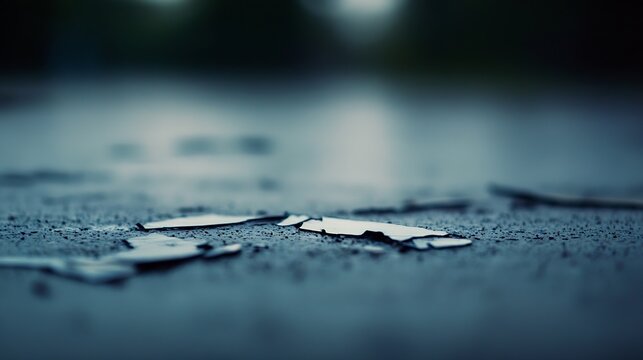 Close up view of shattered glass pieces on a wet surface reflecting soft natural light : Generative AI