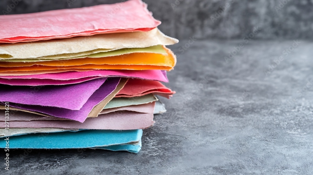 Poster Brightly colored sheets of craft paper stacked neatly on a textured surface displaying creativity : Generative AI