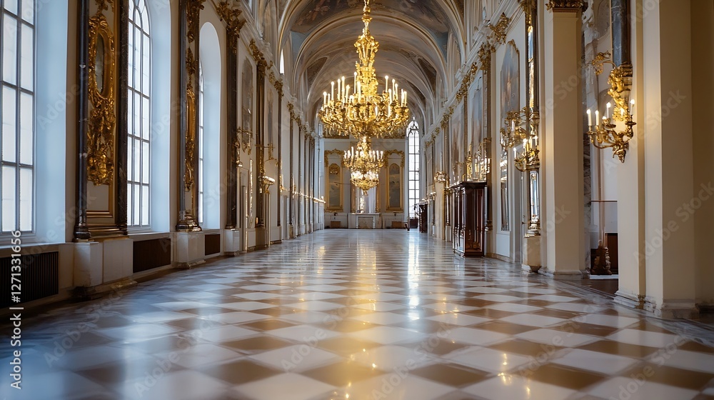Poster elegant and grand hallway with beautiful chandeliers and checkered floors featuring classic architec
