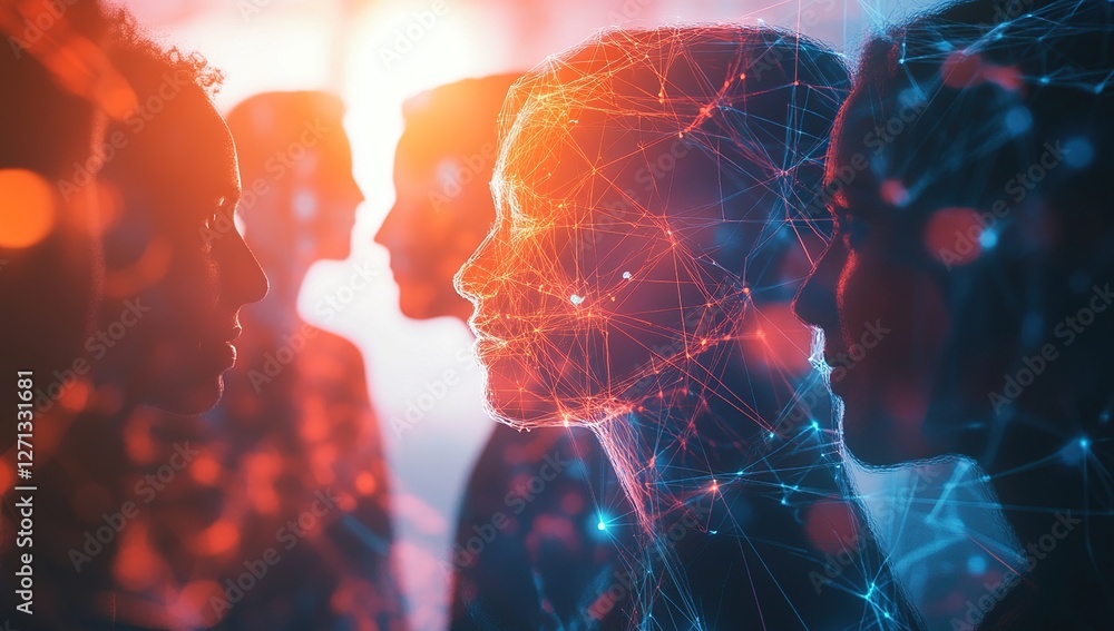 Poster exploring digital connections: networked minds interact virtually, creating a shared consciousness.